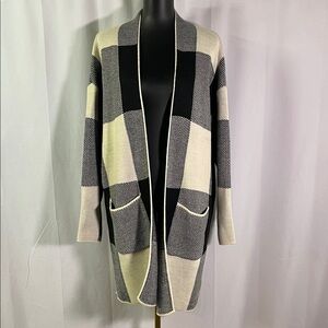 JODIFL Black & Ivory Buffalo Check Plaid Open Front Longline Cardigan